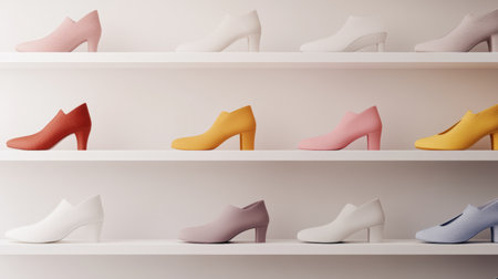 A high-resolution shot of a variety of women's fashion shoes displayed on a sleek, minimalist shelf, including heels, flats, and sneakers in different colors.の素材