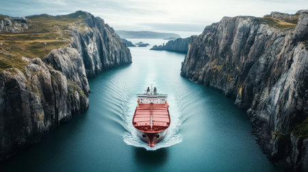 A panoramic view of a large ship traveling through a narrow strait, with rugged cliffs and scenic coastline visible in the distance, showcasing the vessels impressive scale.の素材