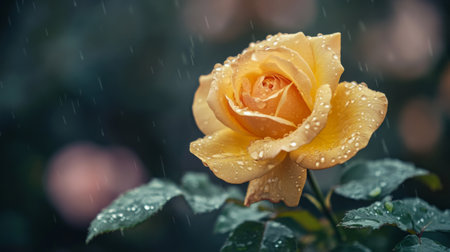 A soft-focus image of a yellow rose in the rain, with water droplets collecting on the petals and leaves, creating a fresh and serene feeling.の素材