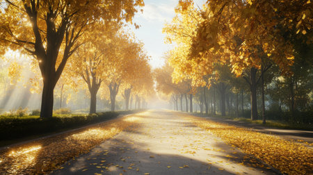 A high-resolution image of a tree-lined avenue in autumn, with golden leaves covering the road and a peaceful, sunlit ambiance.の素材