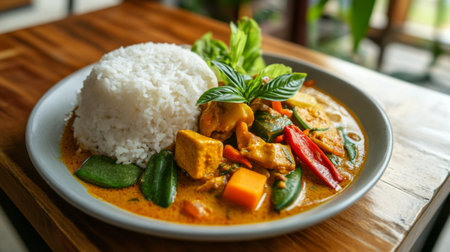 A high-resolution photo of a plate of  with a delicious Thai curry poured over it, showcasing the contrast between the white rice and colorful curry.の素材