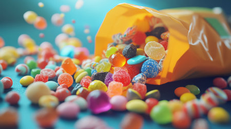 A playful scene of a colorful assortment of  spilling out of an open candy bag, with some candies still inside and others scattered around.の素材