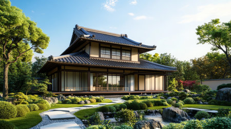 A serene image of a traditional Japanese house with a sloping roof, sliding shoji doors, and a beautifully manicured garden, set against a clear blue sky.の素材
