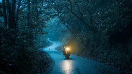 A nighttime shot of a motorcycle with its headlights on, illuminating a narrow, winding road in the middle of a dense forest.の素材