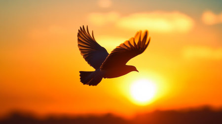 A serene photo of a bird flying close to a sunset or sunrise, with warm, golden hues highlighting the silhouette of the bird and creating a peaceful atmosphere.の素材