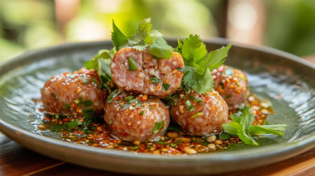 A high-resolution photo of  with a sprinkle of fresh herbs and a side of Thai-style sausage, arranged artfully on a plate with a colorful garnish.の素材