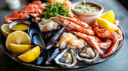 A vibrant seafood platter featuring a variety of fresh items, including shrimp, crab legs, mussels, and oysters, elegantly arranged with lemon wedges and dipping sauces.の素材
