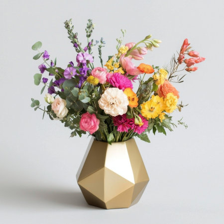 A modern, geometric vase in gold, filled with a colorful assortment of wildflowersの素材
