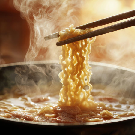 A pair of chopsticks lifting freshly cooked ramen noodles, steaming hot and wavyの素材