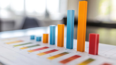 A professional bar chart with bold, colorful bars rising in front of a clean, minimalist grid background, symbolizing financial performance and growthの素材