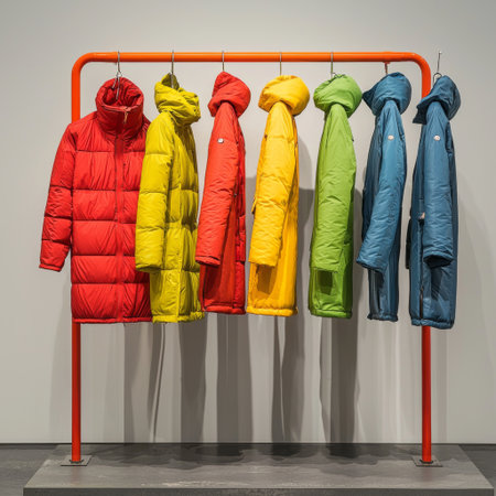 A retail display clothes rack with neatly hung fashion pieces in various bright colorsの素材