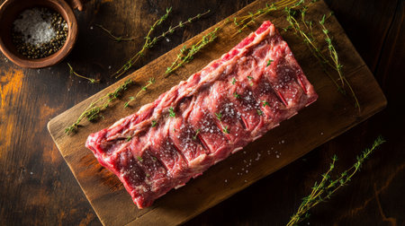 A raw rack of ribs, seasoned lightly with salt and pepper, placed on a rustic cutting board with a few sprigs of fresh thyme scattered aroundの素材