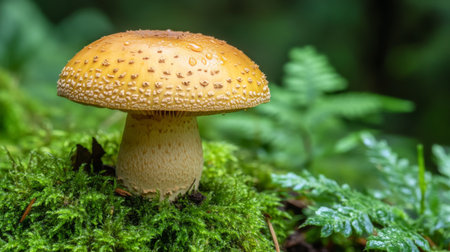 A single golden-brown mushroom with water droplets on its cap, placed on a bed of moss, surrounded by vibrant green foliage for contrastの素材