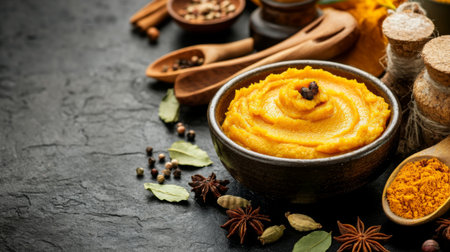 A serene image of turmeric paste in a small bowl, surrounded by traditional cooking utensils and spices, highlighting its use in various cuisinesの素材