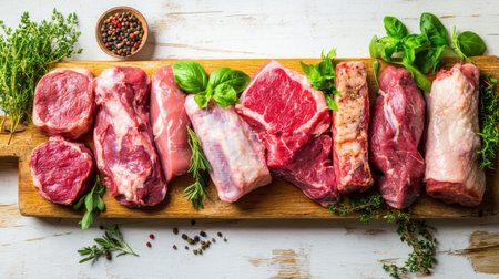 A variety of raw cuts of meat, including beef, pork, and chicken, arranged neatly on a wooden butcher block, with fresh herbs placed around for decorationの素材