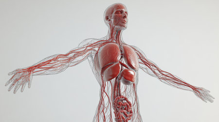 A scientific illustration of the human circulatory system, with detailed arteries and veins, focusing on the flow of blood through the bodyの素材