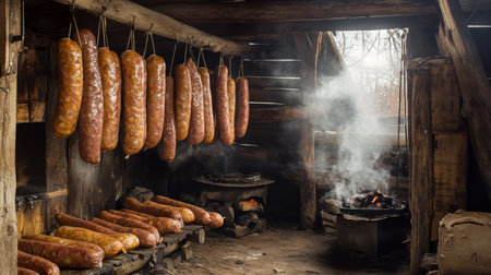 A serene image of sausages hanging in a traditional smokehouse, with a rustic background, capturing the artisanal process of sausage-making and smokingの素材