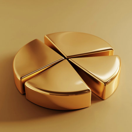 A sleek D pie chart in metallic gold tones, divided into equal financial segmentsの素材