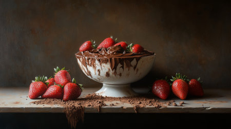 A still life of melted chocolate in a bowl, surrounded by fresh strawberries and cocoa powder, creating a tempting dessert arrangementの素材
