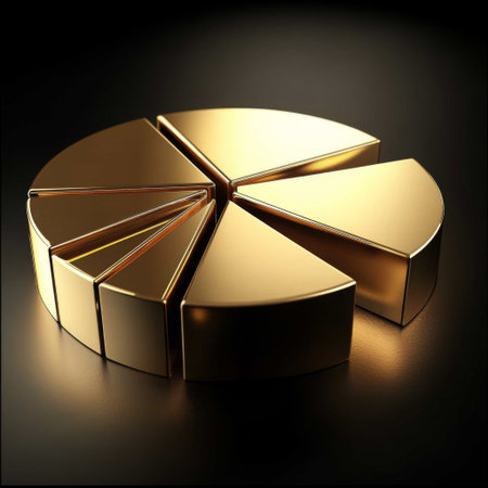 A sleek D pie chart in metallic gold tones, divided into equal financial segmentsの素材