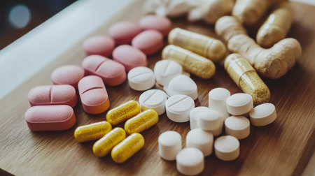 A vibrant display of various natural remedies like ginger, garlic, and turmeric, arranged beautifully on a wooden cutting board for a healthy lifestyle themeの素材