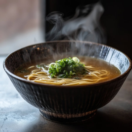 A steaming bowl of miso ramen with thick, wavy noodles partially submergedの素材