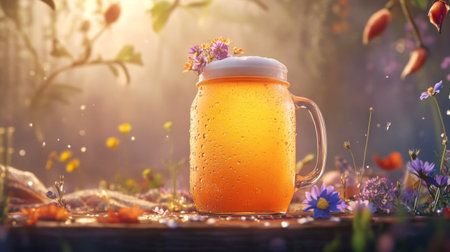 A vibrant image of an ice-cold beer in a mason jar, with condensation beading on the surface, set against a rustic picnic backdrop with wildflowersの素材