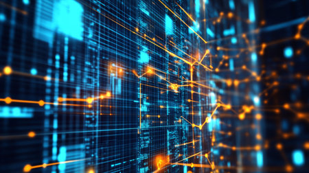 A visually striking D graph with interconnected nodes and ascending lines, set in a digital space with glowing financial symbols in the backgroundの素材