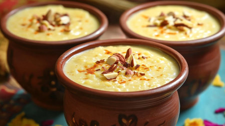 A vibrant display of kheer, a traditional Indian rice pudding, garnished with nuts and saffron, set against a colorful background to evoke a festive atmosphereの素材