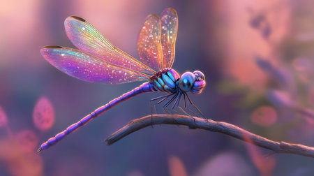 A striking macro shot of a dragonfly perched on a twig, showcasing its iridescent wings and vibrant colors against a soft-focus natural backgroundの素材