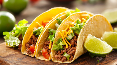 A vibrant close-up of a taco filled with seasoned beef, fresh lettuce, diced tomatoes, and shredded cheese, garnished with lime wedges on the sideの素材