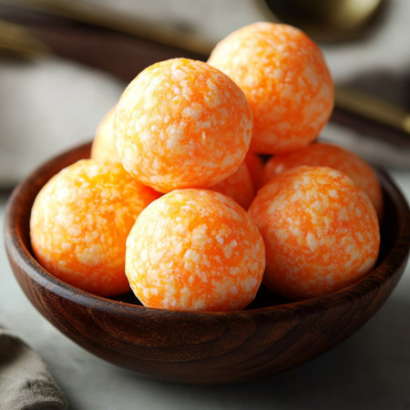 A wooden bowl filled with bright orange cheese balls, stacked neatly for a snack-time lookの素材