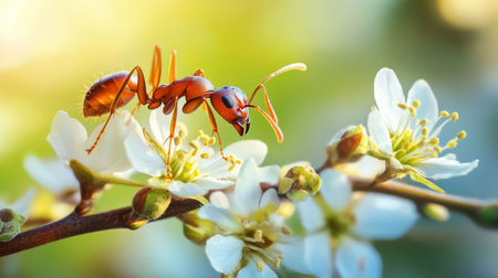 A macro shot of an ant navigating through a small flower, emphasizing its delicate features and the beauty of the natural surroundingsの素材