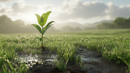 A serene image of a freshly planted sapling in a peaceful meadow, with dew-covered grass and soft morning light illuminating the sceneの素材