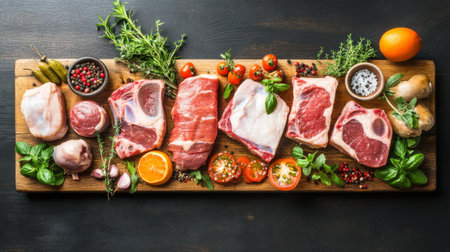 A variety of raw cuts of meat, including beef, pork, and chicken, arranged neatly on a wooden butcher block, with fresh herbs placed around for decorationの素材