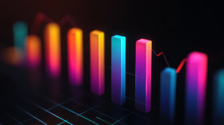 A professional bar chart with bold, colorful bars rising in front of a clean, minimalist grid background, symbolizing financial performance and growthの素材