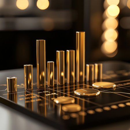 A luxury gold-themed infographic with bar charts, pie charts, and market growth indicatorsの素材