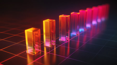 A row of vibrant, glass-like bars in a financial bar chart, with each bar glowing softly against a sleek, dark grid background, representing economic growthの素材