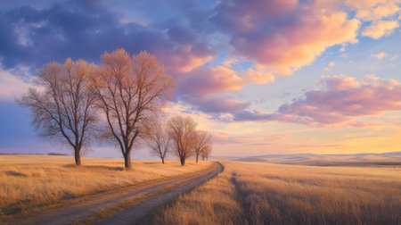 A scenic landscape with a wide open field and several newly planted trees, with the sky painted in soft sunset colors, symbolizing a fresh start for natureの素材