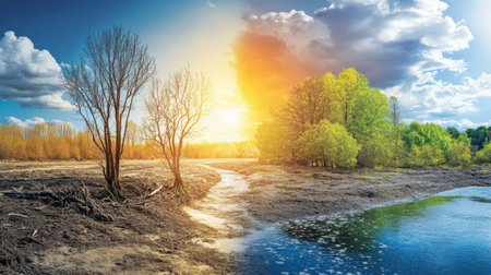 A scenic view of a riverbank with trees wilting under intense sunlight, contrasting with a lush green area nearby, highlighting the effects of climate change on ecosystemsの素材