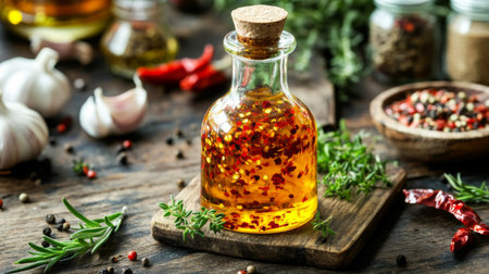 A serene image of a bottle of homemade chili oil on a wooden table, surrounded by fresh ingredients like garlic and herbs, evoking a warm and inviting kitchen vibeの素材