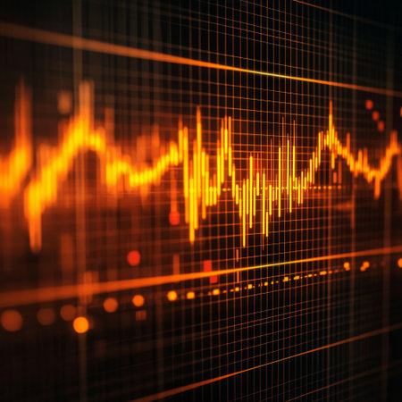 A professional stock market chart with glowing gold lines showing price fluctuationsの素材