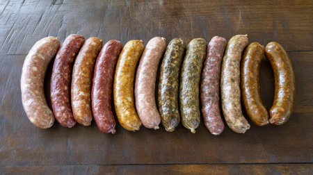 A variety of sausages laid out on a rustic wooden surface, with different textures and colors, showcasing a selection of raw and cured meat productsの素材