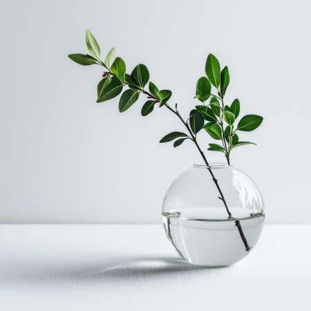 A small, round glass vase with a simple green plant, placed on a white surfaceの素材