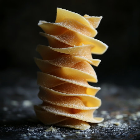 A single twisted portion of fettuccine pasta, with smooth ribbons stacked neatlyの素材
