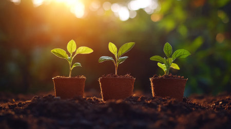 A shot of young trees growing in biodegradable pots arranged neatly on the ground, ready for planting in a reforestation projectの素材