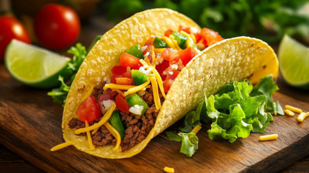 A vibrant close-up of a taco filled with seasoned beef, fresh lettuce, diced tomatoes, and shredded cheese, garnished with lime wedges on the sideの素材