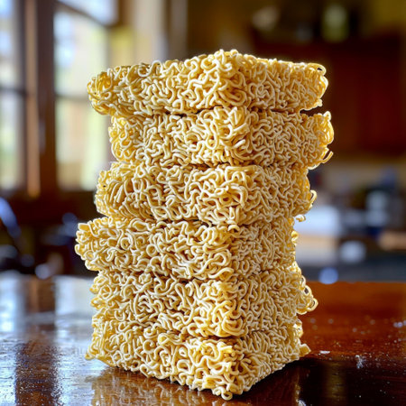 A stack of instant noodle blocks, neatly piled with a textured, curly surfaceの素材