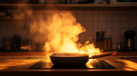 Gentle smoke drifting across a kitchen counter from a sizzling pan, with warm lighting creating an inviting yet mysterious atmosphereの素材