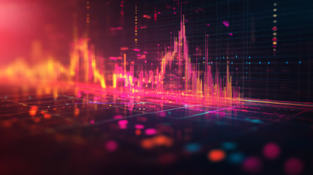 A vibrant D stock market graph with interconnected nodes and lines showing a steep upward trend, set against a high-tech, glowing backgroundの素材